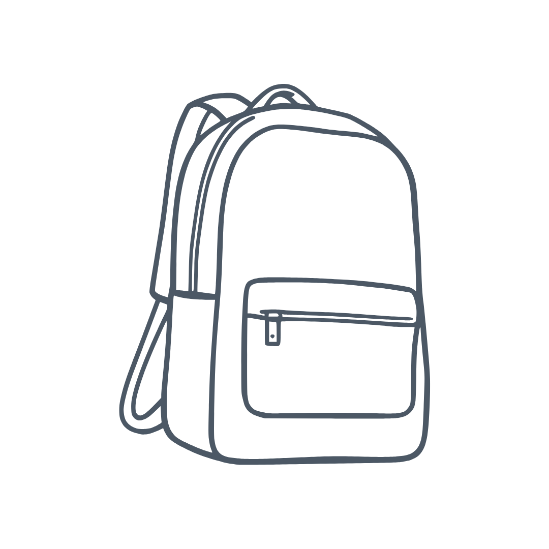 Line drawing of a backpack with a front pocket and shoulder straps.