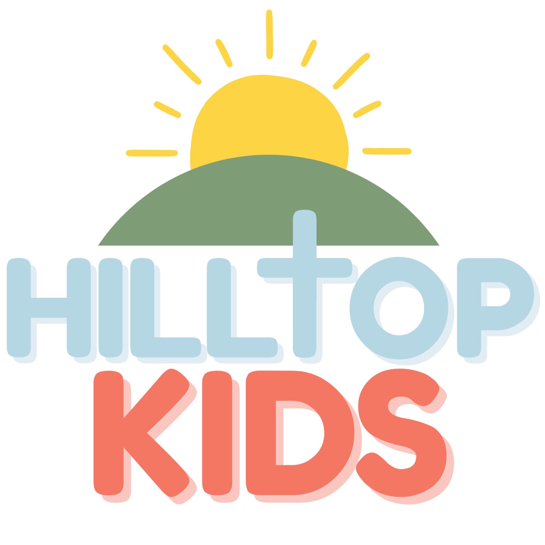 Colorful logo for 'hultop KIDS' featuring a yellow sun, green hill, and text with 'hultop' in light blue and 'KIDS' in coral red.