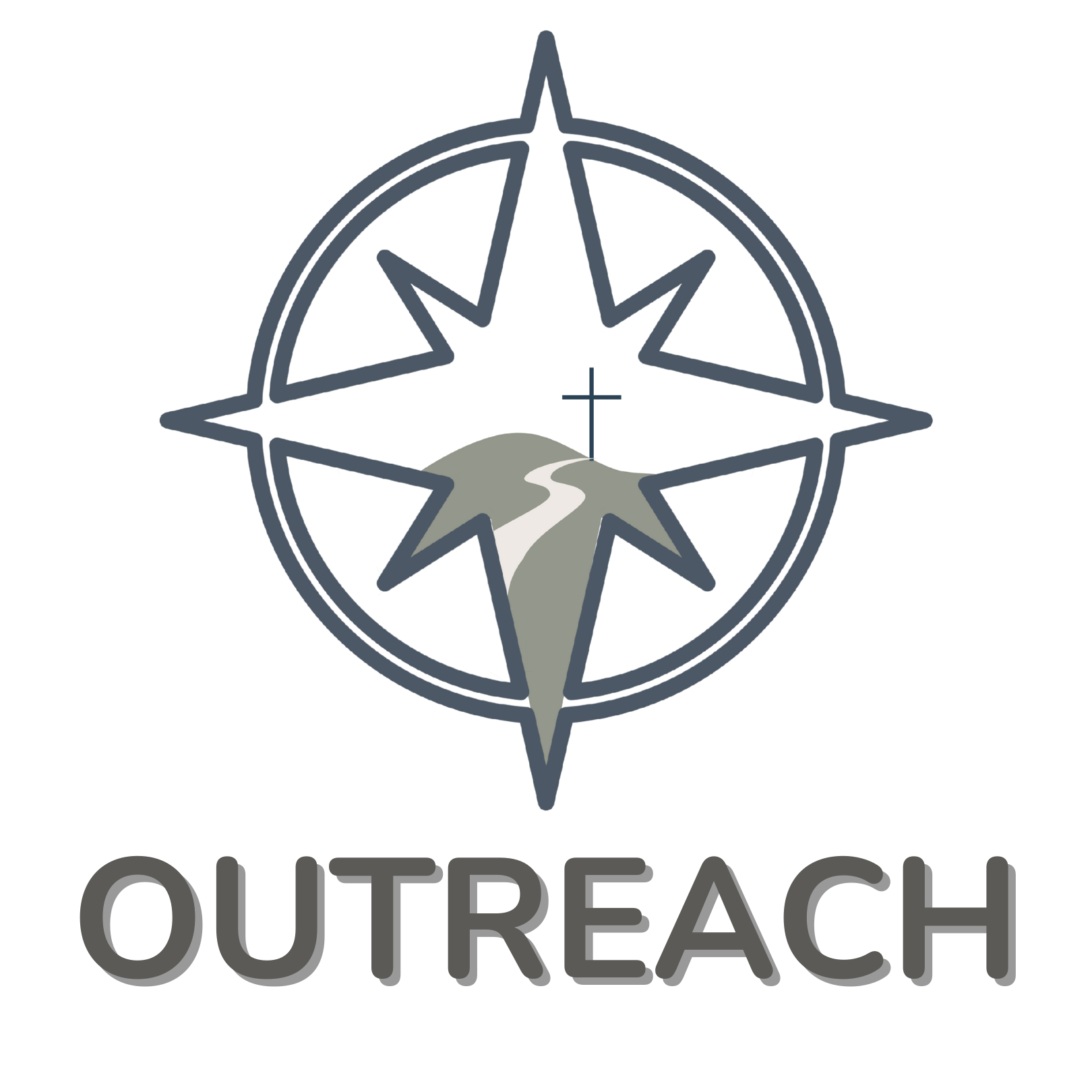 A logo featuring a stylized compass with a mountain and a winding road inside, and the word OUTREACH below.