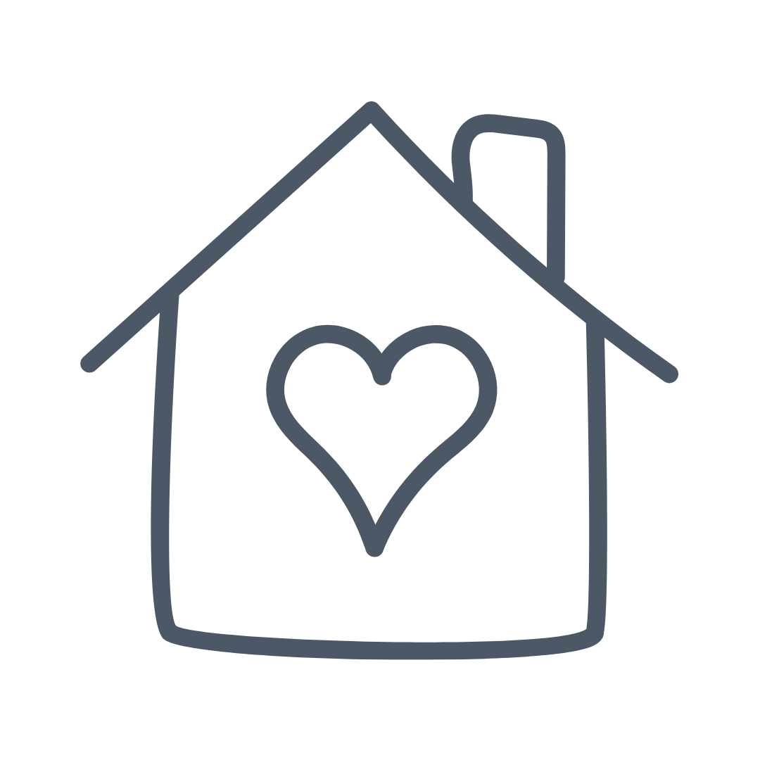 Outline of a house with a heart inside and a chimney.