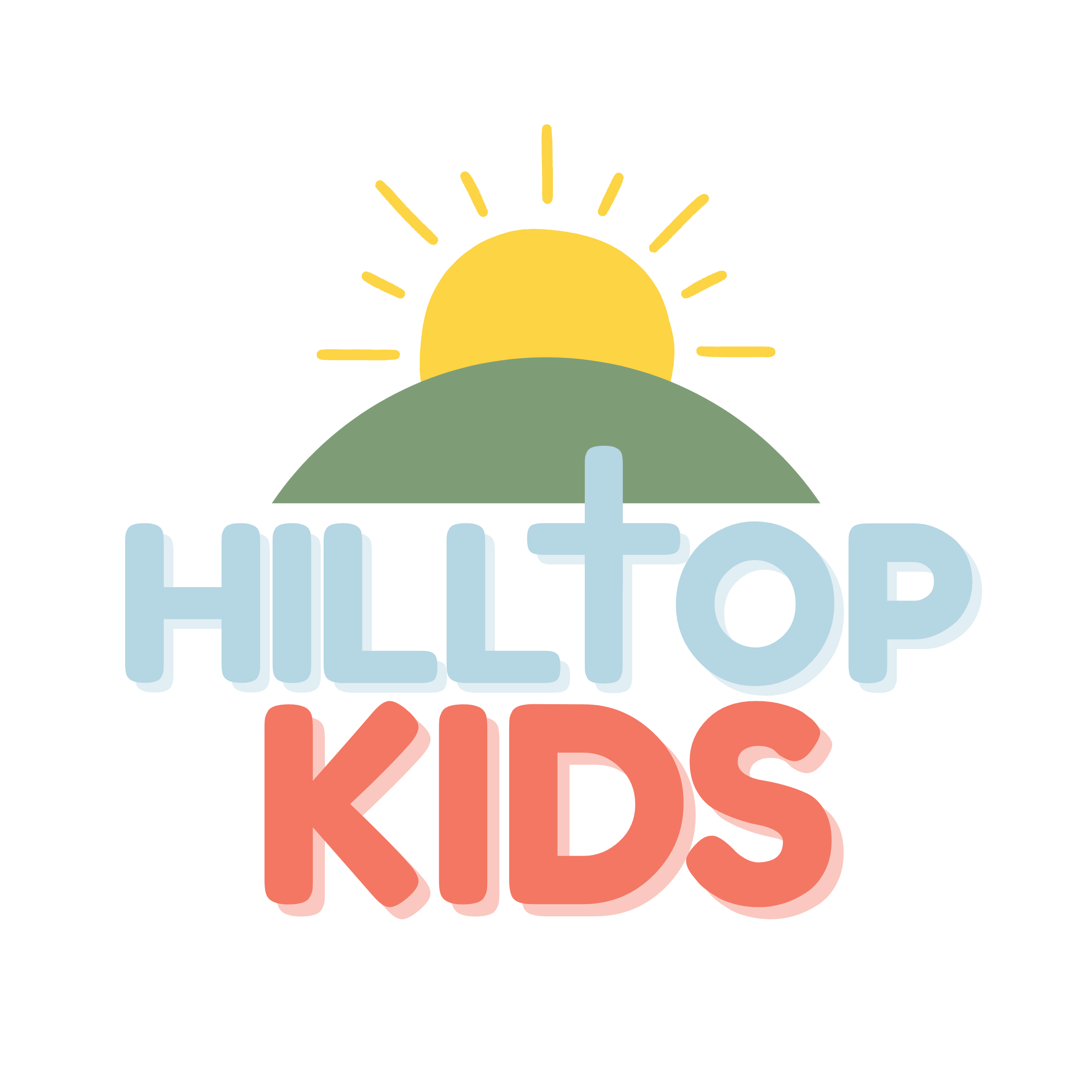 Colorful logo with a yellow sun rising over a green hill above the words "HILLTOP KIDS" in blue and red, playful font.
