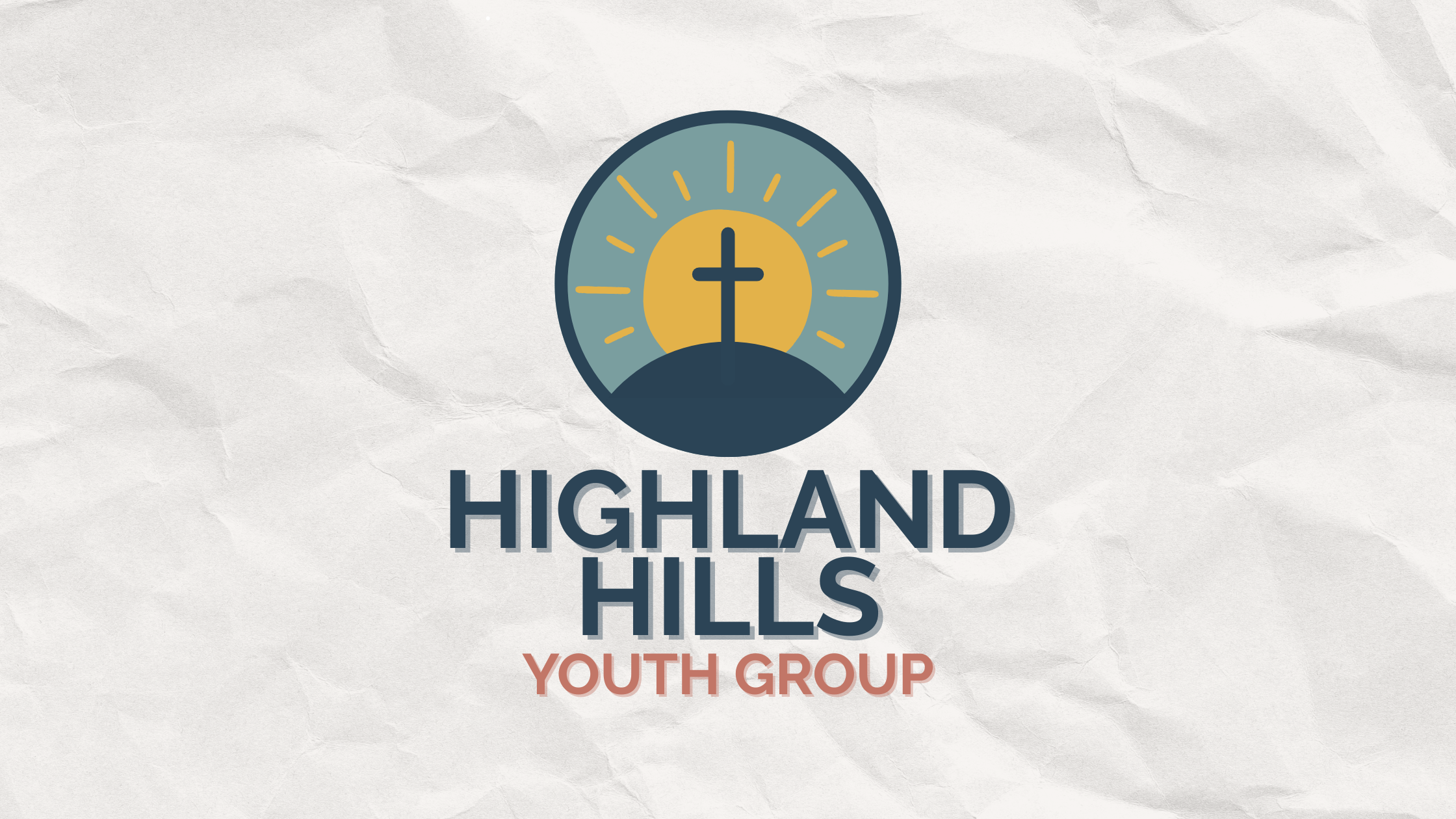 Logo of Highland Hills Youth Group featuring a cross on a hill with the sun behind, with the text 'Highland Hills Youth Group' underneath.