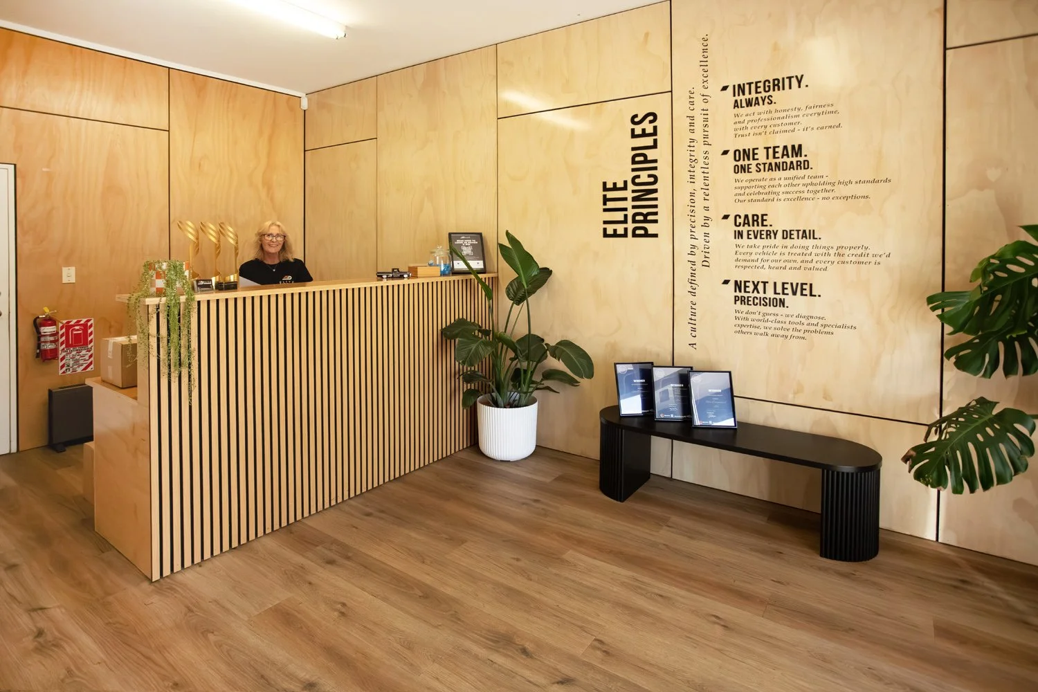 Two mechanics working in a garage with a large sign that reads 'Elite Diagnostics' on the back wall and a white vehicle partially visible on the left.