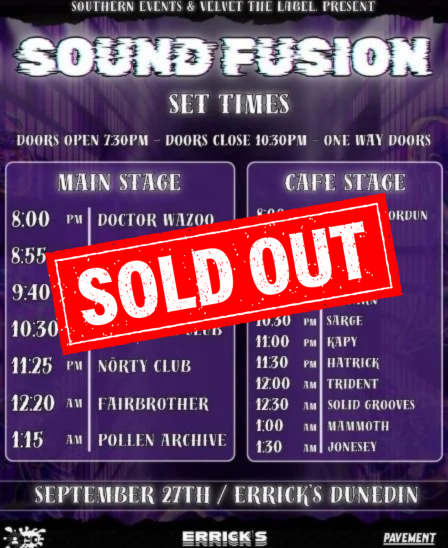 Concert schedule for "Sound Fusion," listing set times and performing artists for Main and Cafe stages on September 27th at Errick's Dunedin. Main Stage acts include Doctor Wazoo and Dizzy. Cafe Stage acts include Chloe and Jordun, RYZN, and others.