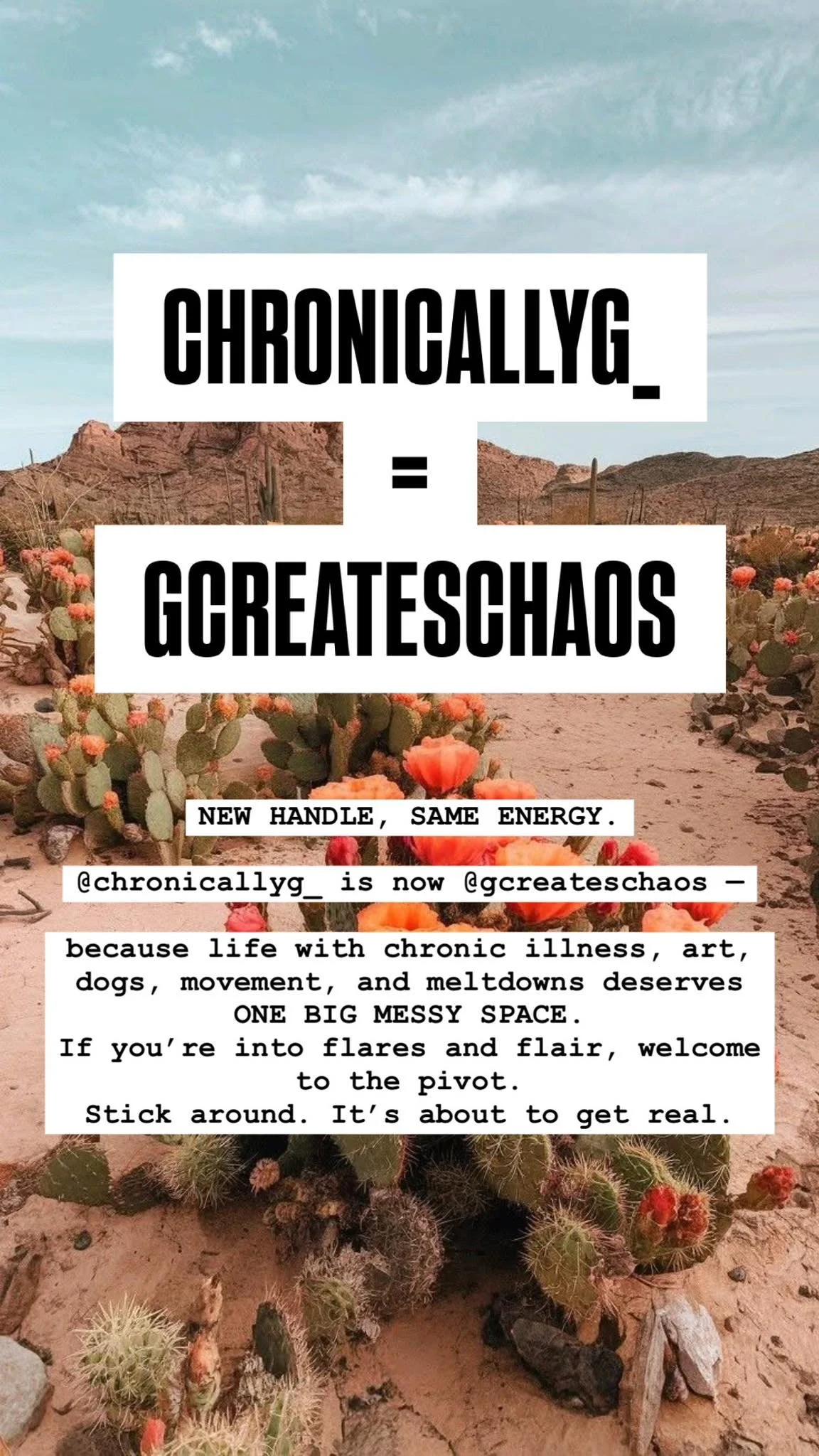 PSA: My Instagram world has officially merged into one glorious, chaotic place. If you&rsquo;re looking for me &mdash; chronic illness realness, art, dogs, creative pivots, and whatever I&rsquo;m surviving (or creating) through &mdash; everything now