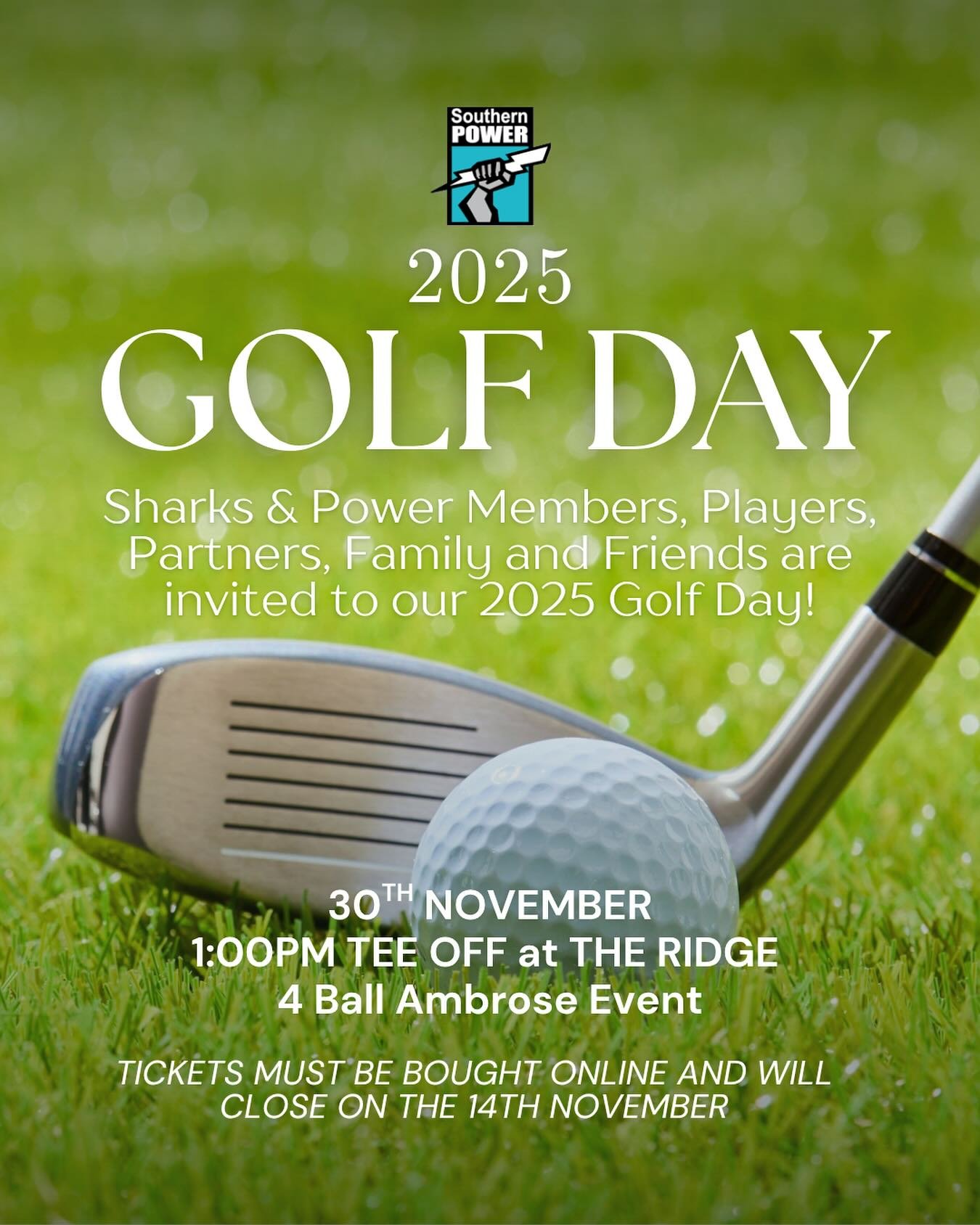 Sunday 30th November 🗓️ 
The Ridge - 1pm tee off for a 4 Ball Ambrose Event ⛳️All golfing abilities welcome! 🏌🏻&zwj;♂️

Tickets must be bought online and will close on the 14th November!