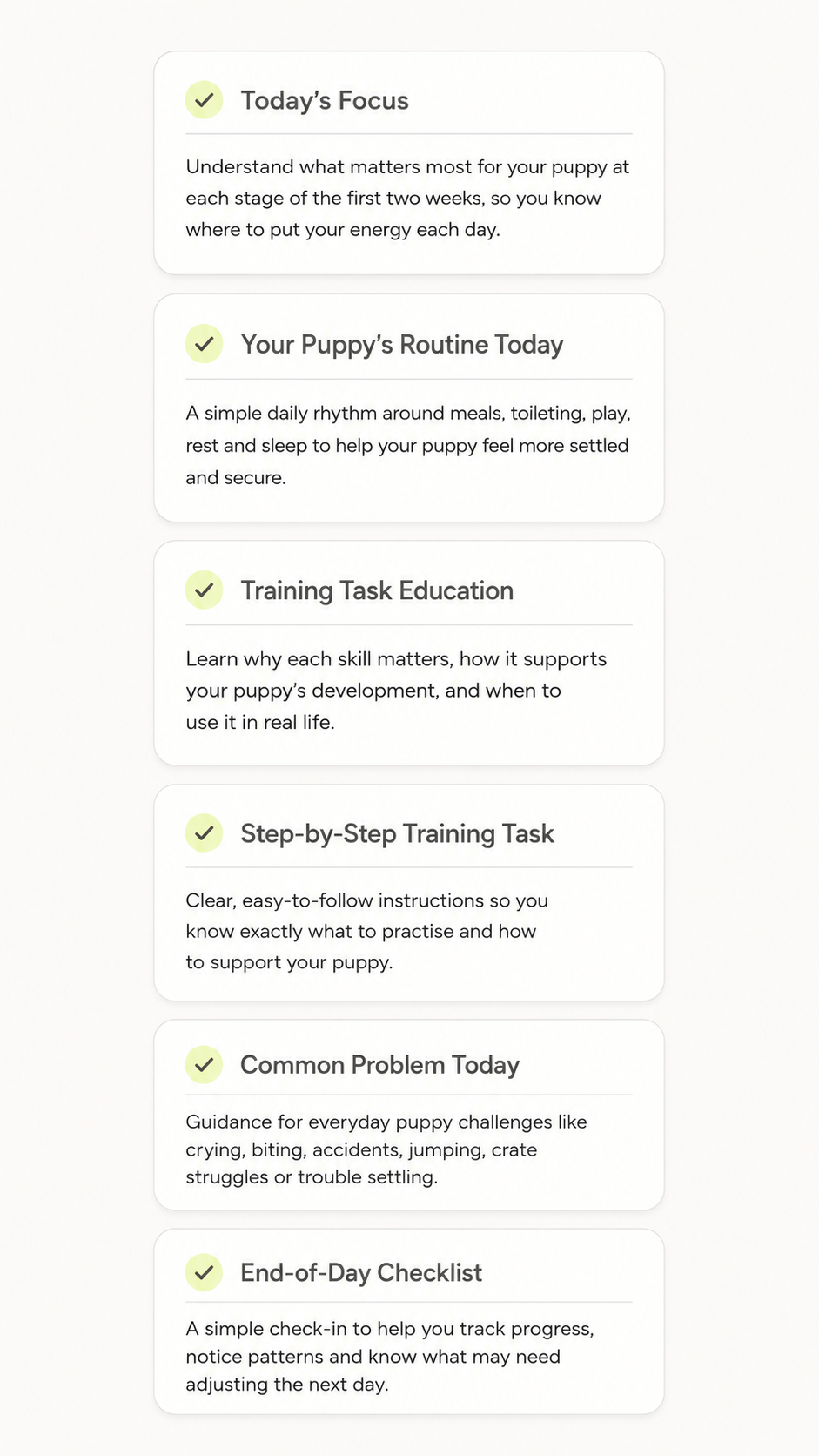 A digital schedule or checklist for puppy training, including sections on today's focus, puppy's routine, training tasks, common problems, and end-of-day checklist.