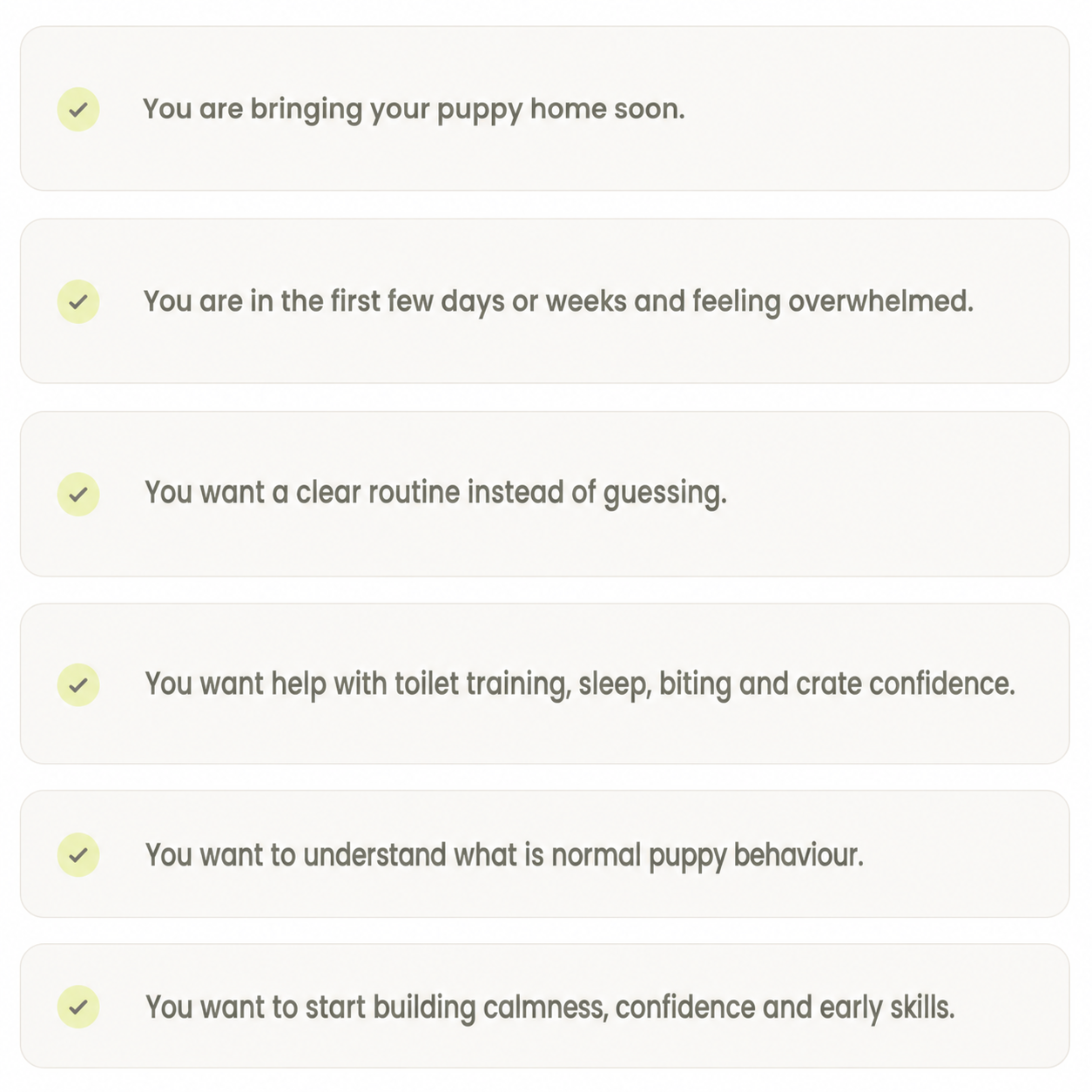 A digital screen displays a checklist related to puppy training and behavior management, with each item marked as completed.