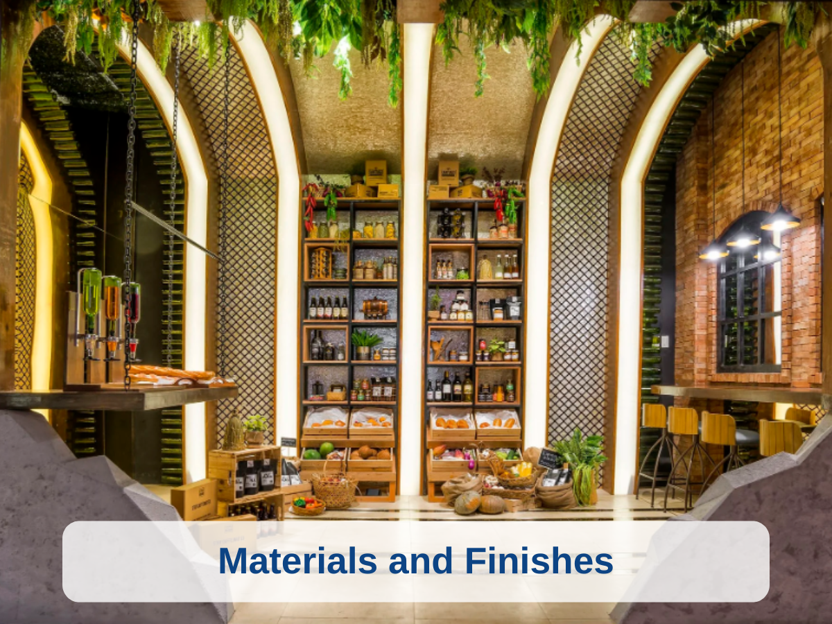 Interior of a store titled 'Materials and Finishes' with shelves filled with various products, wooden crates, and woven baskets displaying fruits and vegetables, with greenery hanging from the ceiling and warm lighting.