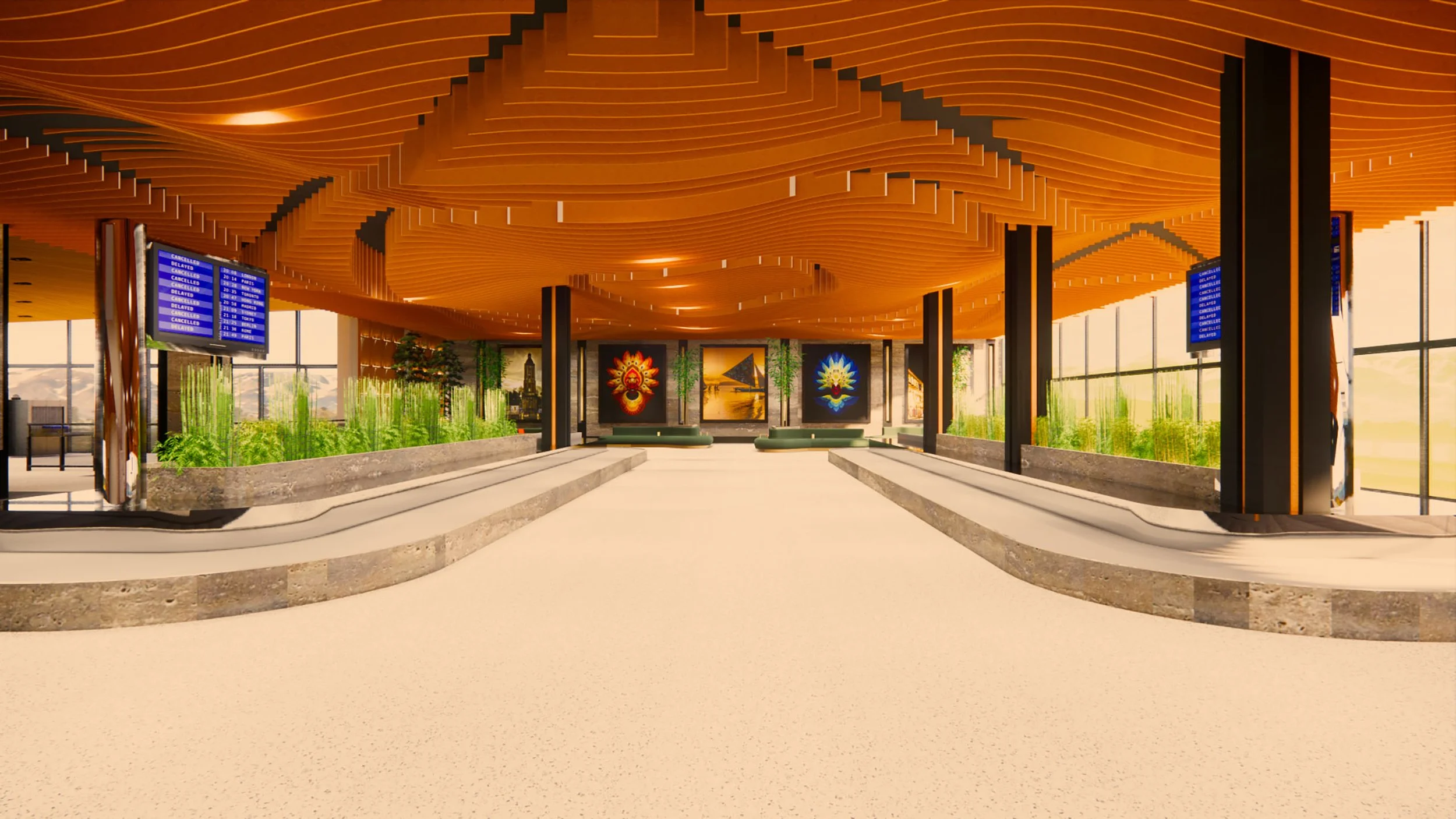Modern airport terminal with wooden ceiling design, digital flight information displays, and large windows with greenery outside.