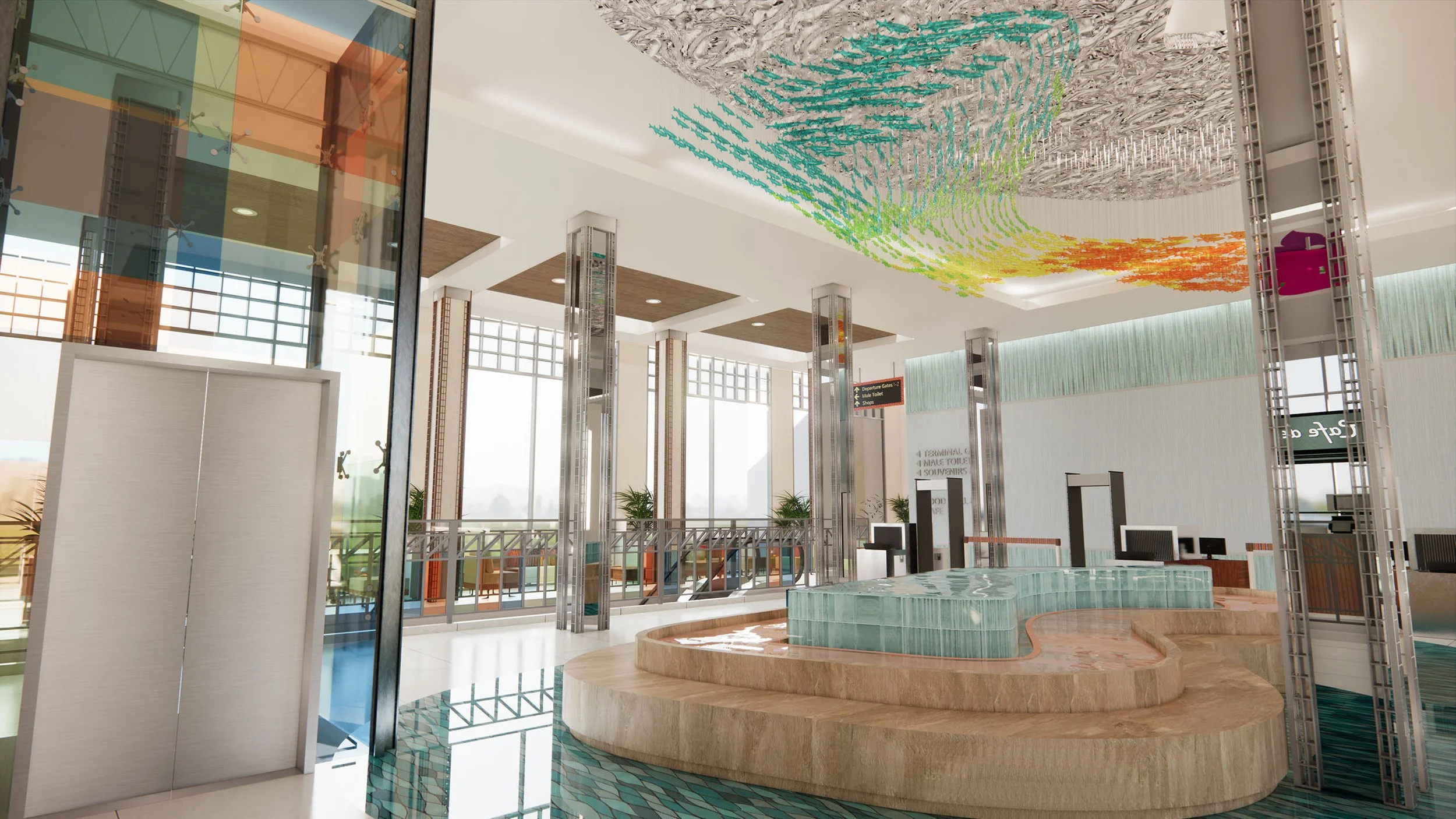 Interior of a modern building with colorful abstract ceiling art, large windows, and a water feature in the foreground.