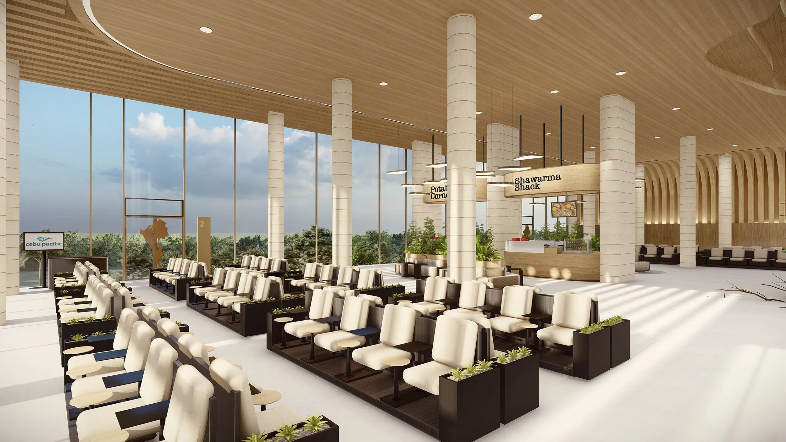 Modern airport waiting area with rows of white chairs, large glass windows with a view of trees and sky, and wooden accents including ceiling and signage for 'Potato Corner' and 'Shawarma Shack'.