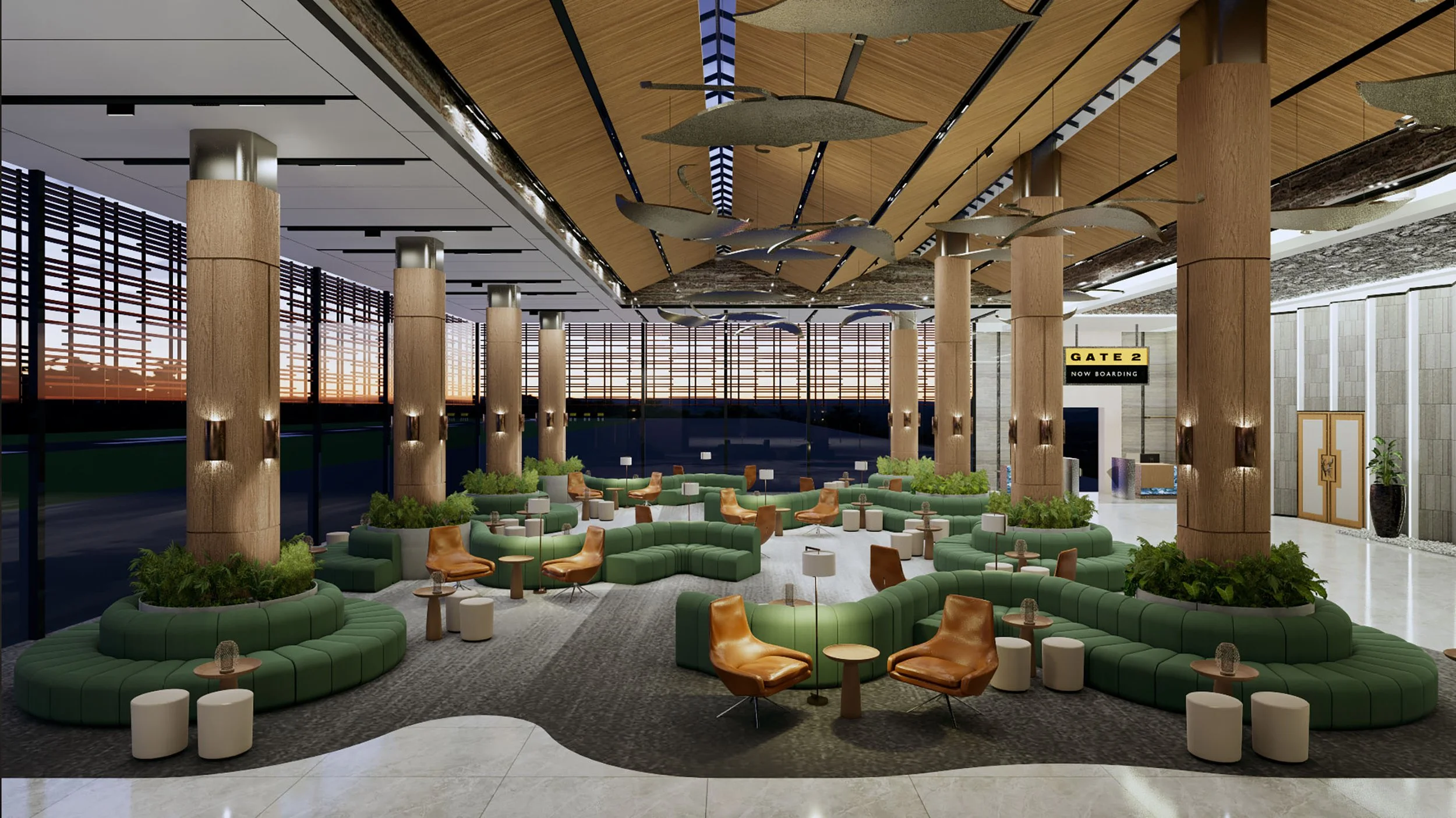 This image shows a modern airport terminal waiting area with green curved sofas and orange chairs, several small tables, and planters with greenery. Large wooden columns with built-in lighting support a wooden ceiling with fish-shaped sculptures hanging from it. Large glass windows reveal an outdoor view with a sunset. A sign indicates Gate 2 for boarding.