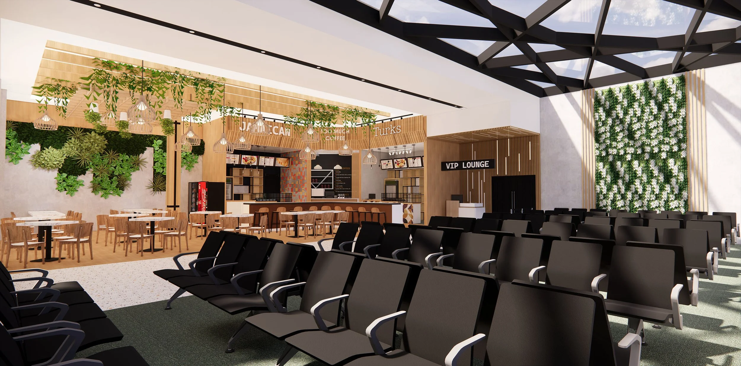 Interior of a modern airport lounge with rows of black chairs, a cafe area with seating, green wall with plants, and a VIP lounge sign under a glass ceiling.
