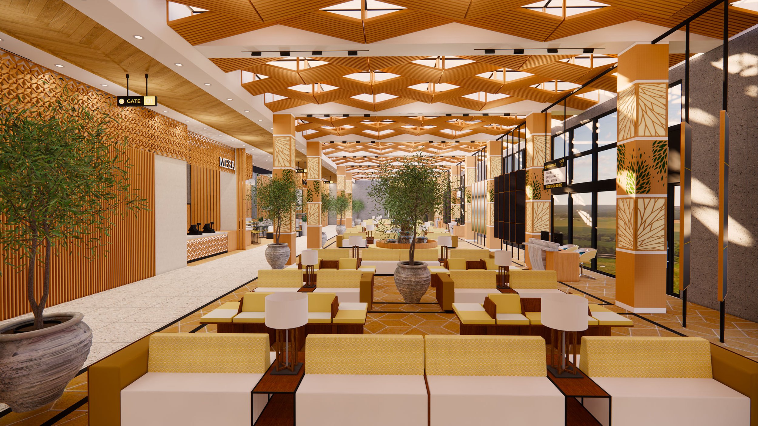 Interior view of an airport lounge with modern yellow chairs, potted plants, wooden ceiling design, large windows, and seating areas.