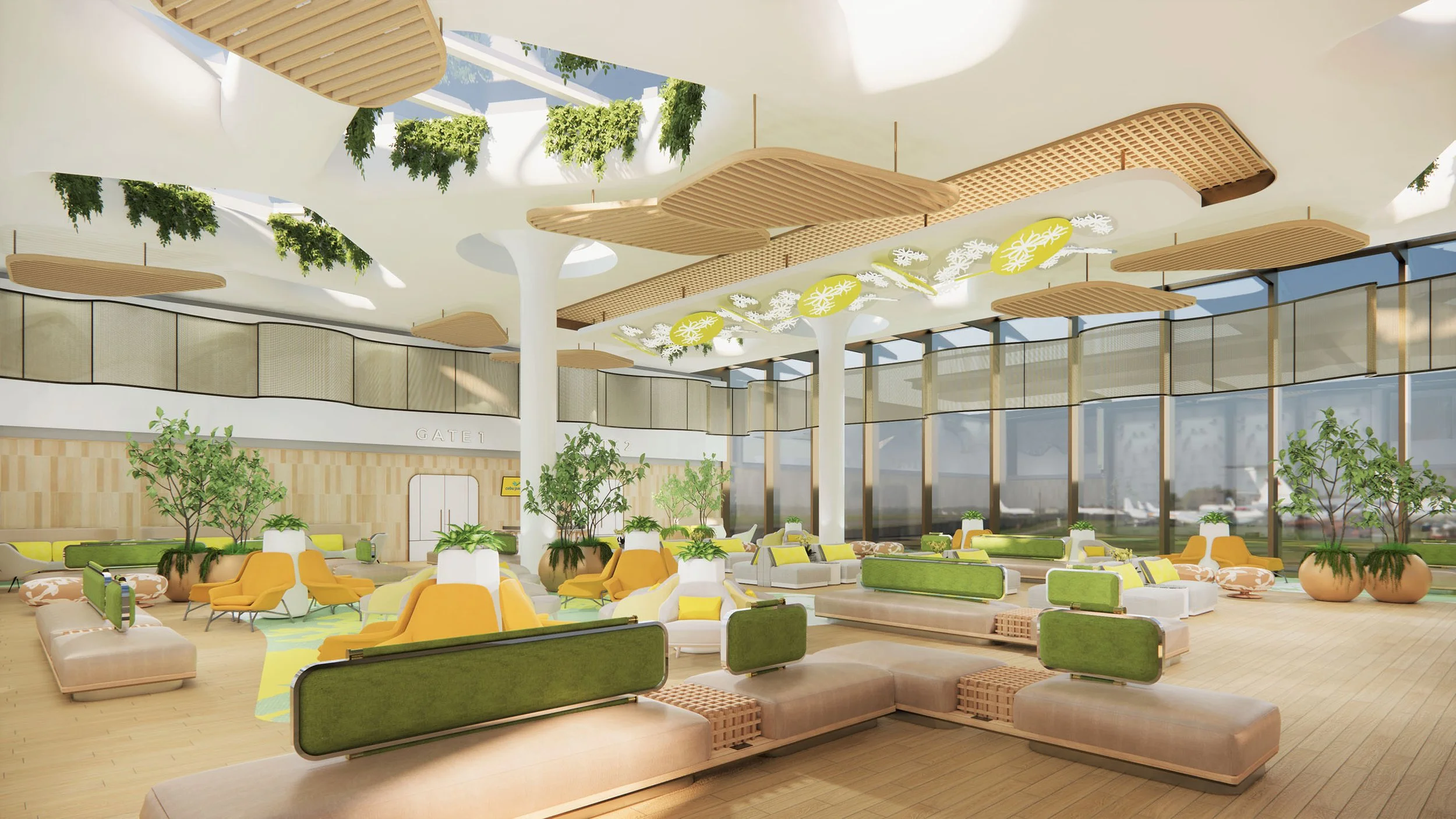 Modern airport terminal with natural light, green plants, and yellow and green seating areas.