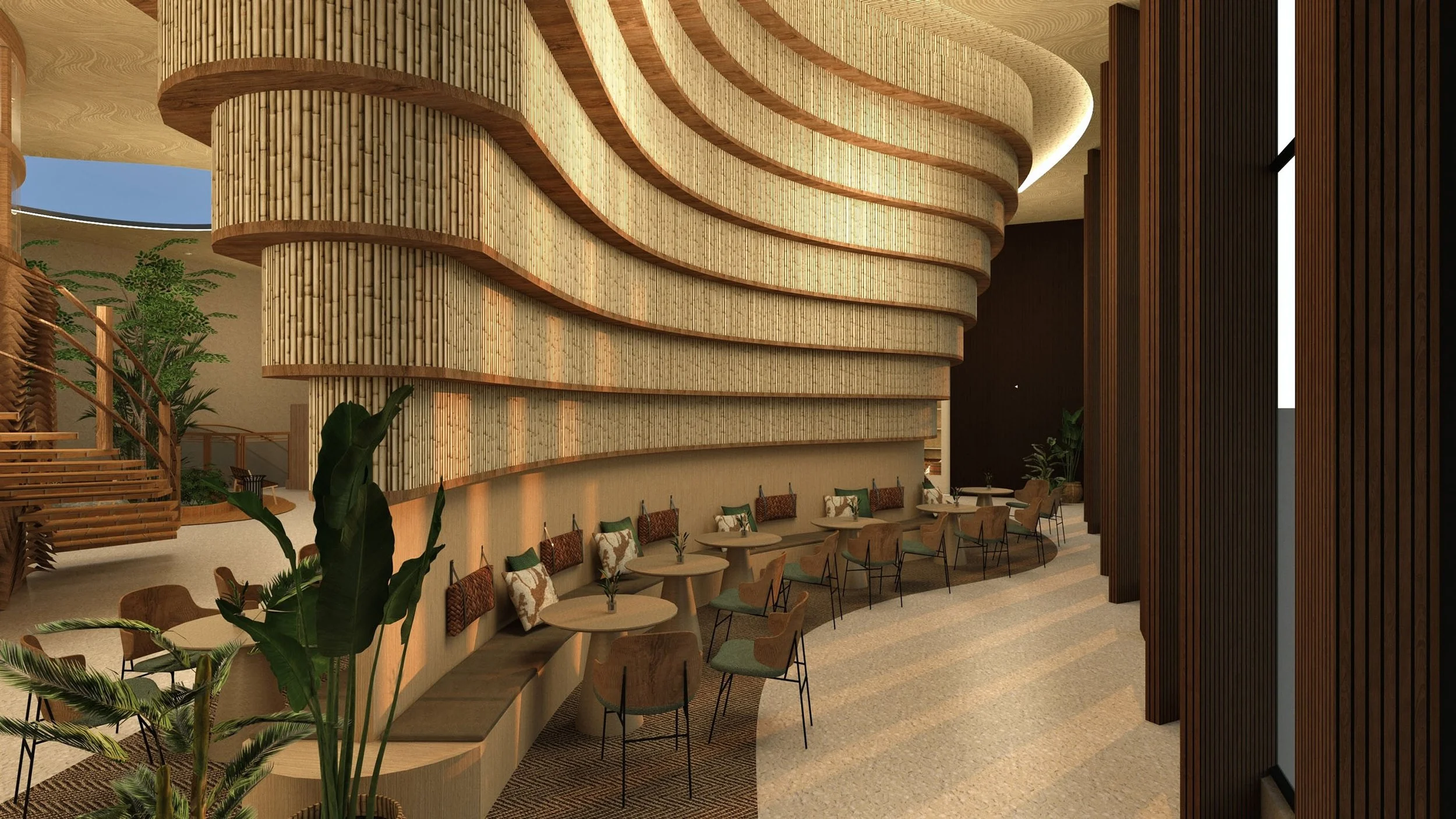 Interior view of a modern building with curved bamboo wall design, wooden columns, green plants, and seating area with tables and chairs.