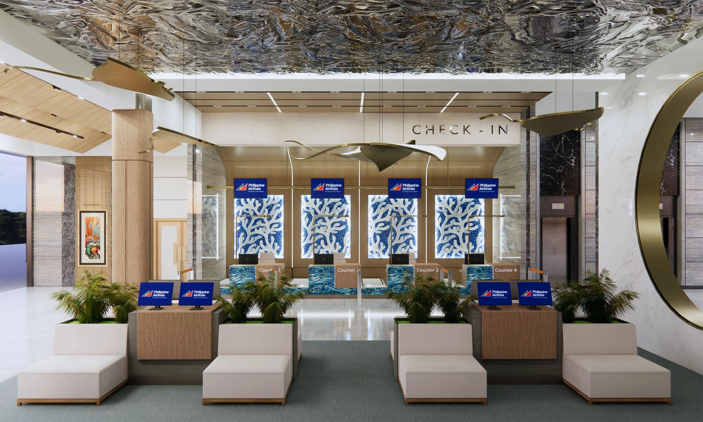 The airport check-in area for Philippine Airlines features multiple counters with digital screens, decorative blue and white patterned curtains behind the counters, and modern lighting fixtures. There are seating areas in front of the counters with small plants and signage.