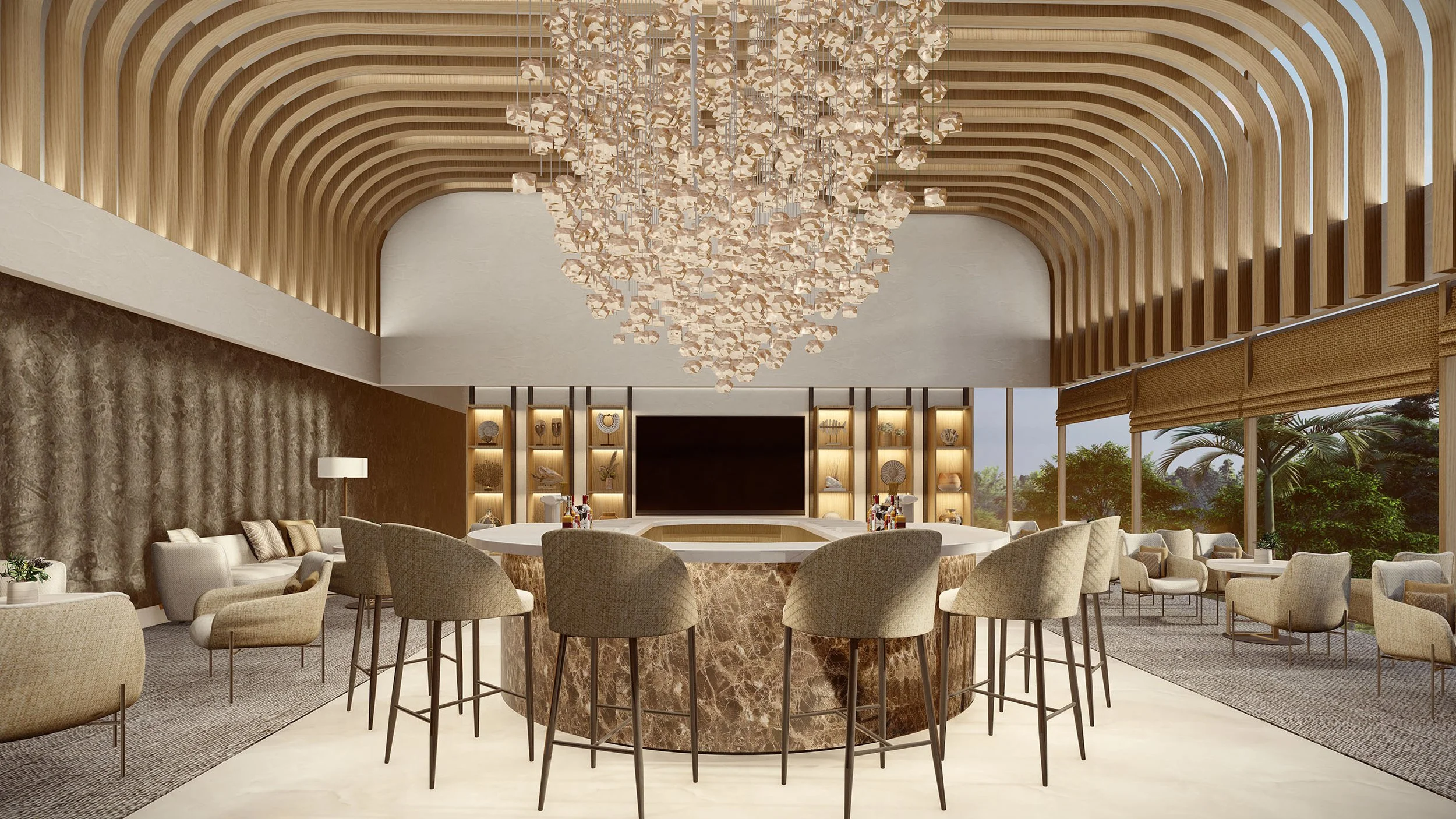 Interior of a modern lounge or event space with a circular bar, beige chairs, and a large decorative chandelier hanging from a wooden arched ceiling, with large windows showing trees outside.