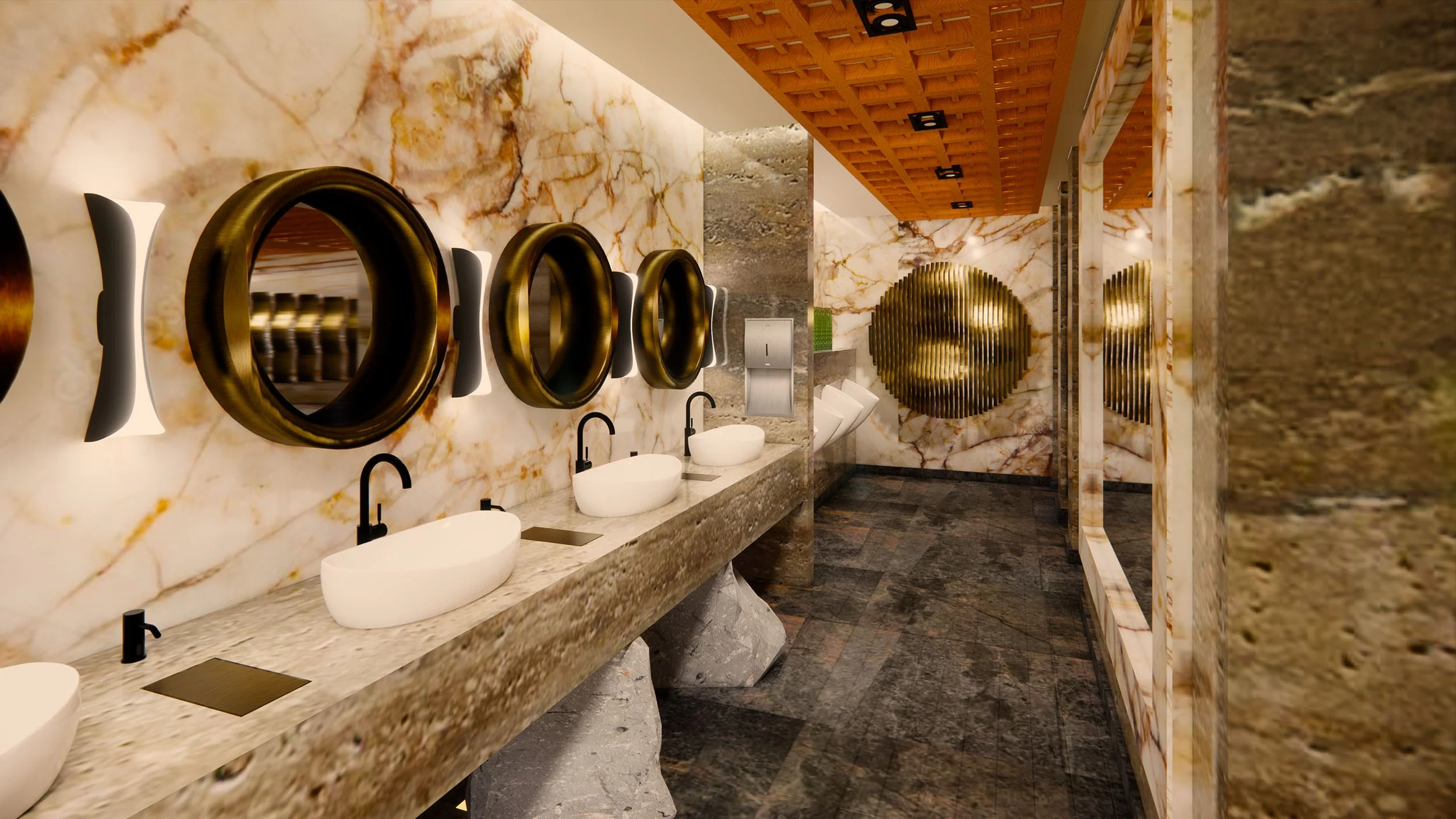 Luxury public restroom with marble walls and sinks, circular mirrors, black faucets, and wooden ceiling panels.