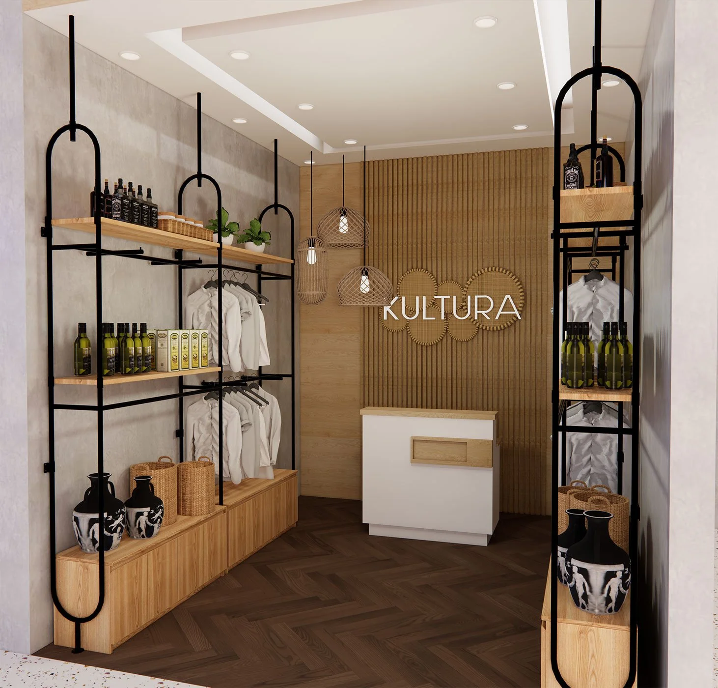 Interior of a retail store named 'KULTURA' with wooden and black metal shelving displaying bottles, white shirts, baskets, and vases, accented with pendant lights and a wooden accent wall.
