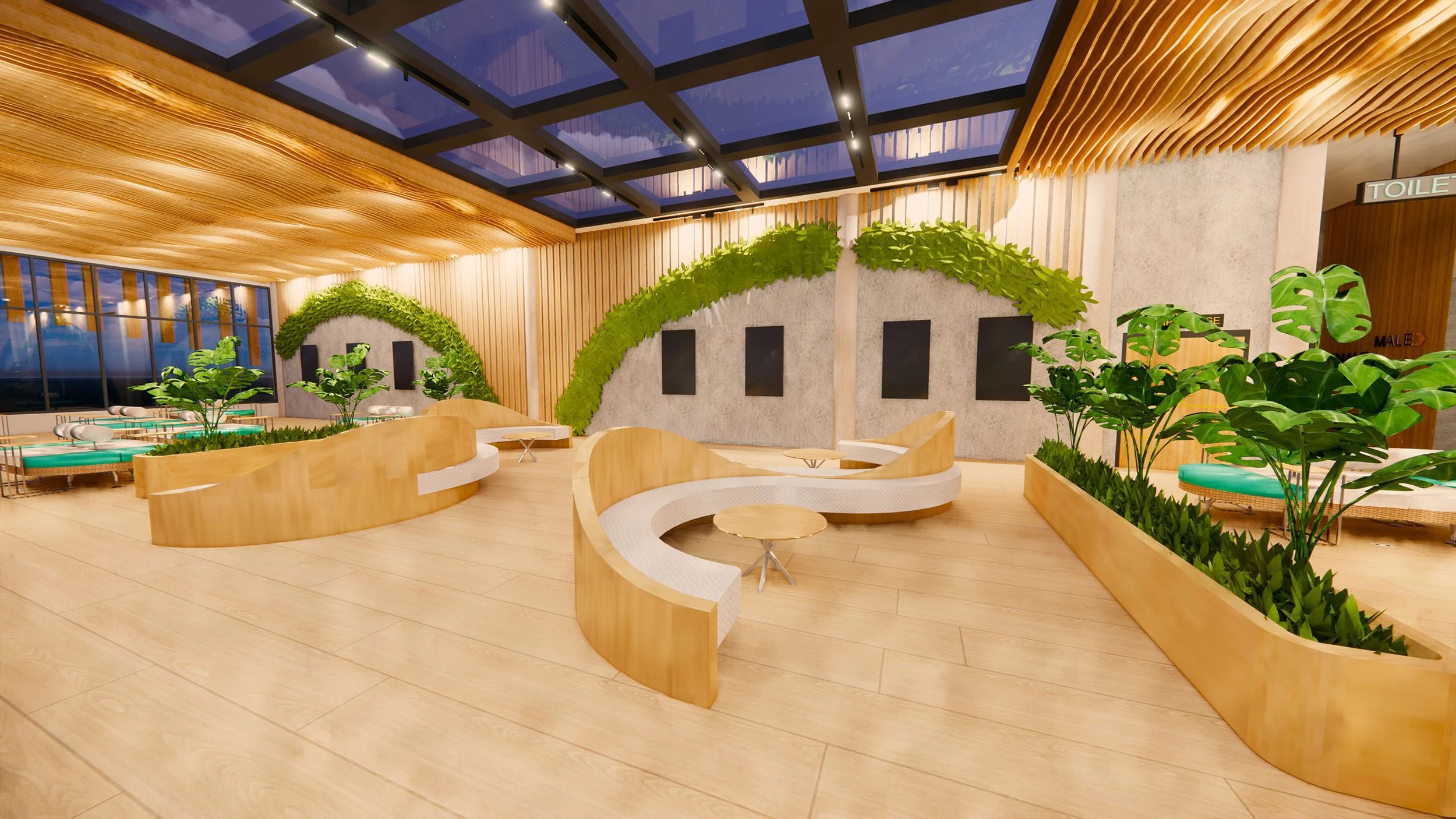 Modern indoor lounge area with wooden accents, green plants, large windows, and a geometric wooden ceiling design.