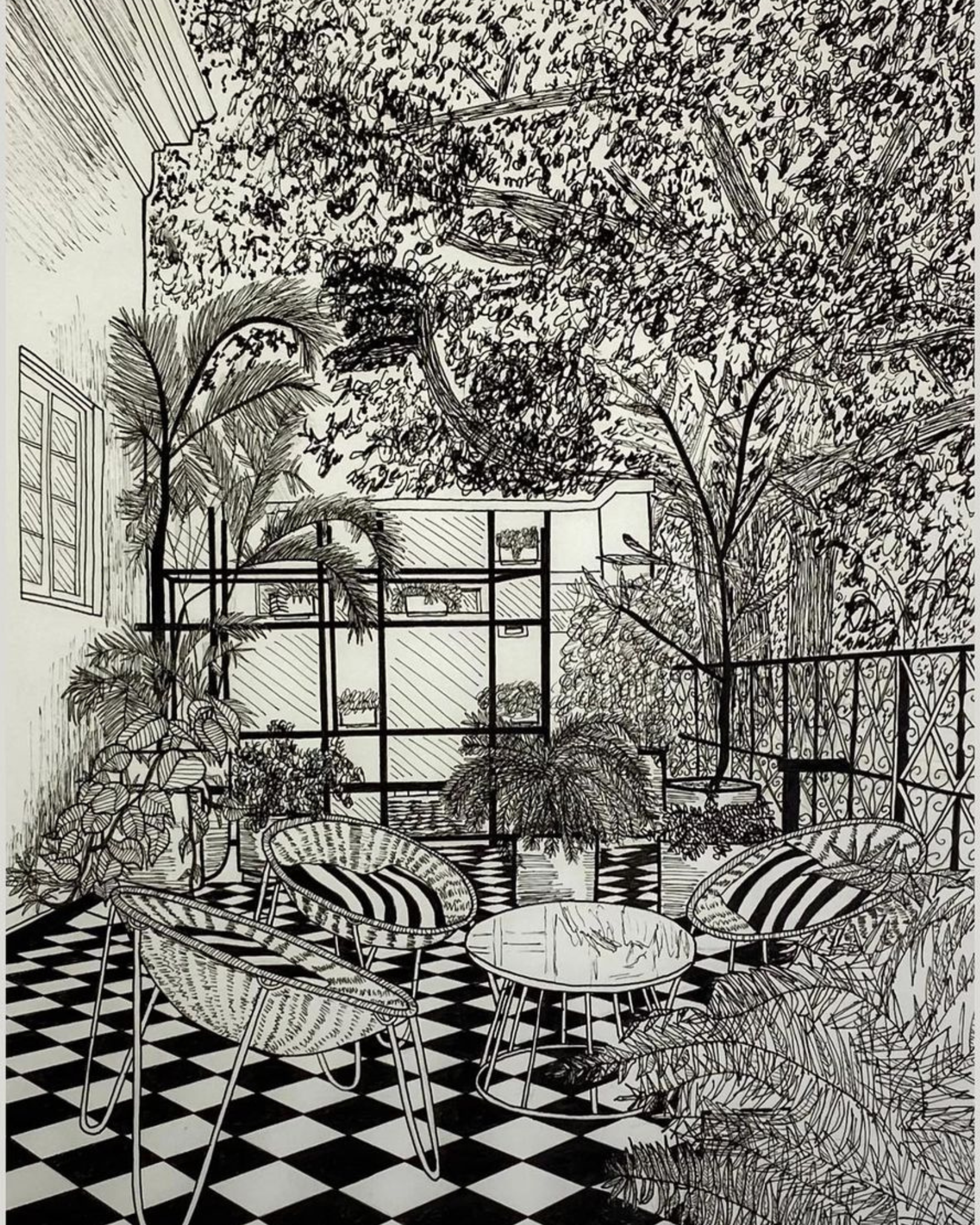 Black and white line drawing of an outdoor patio area with two woven chairs, a small round table, various plants, trees, and a patterned tiled floor.