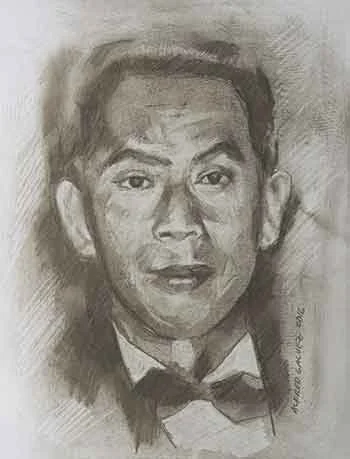 A black and white portrait of a man in a tuxedo, drawn with pencil or charcoal.