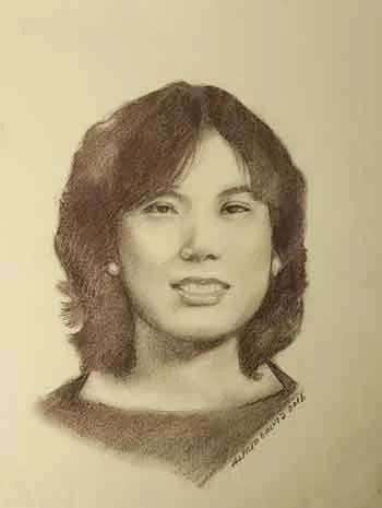 A pencil drawing of a woman with shoulder-length hair, wearing earrings and a top with a rounded collar.