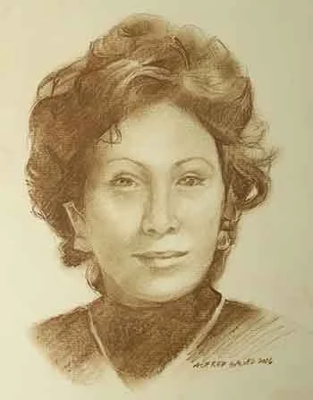 A realistic pencil sketch of a woman with wavy hair, wearing a turtleneck and a necklace.