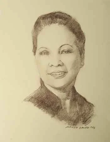 A pencil sketch of a woman with pulled back hair, smiling lightly, wearing a dark top.