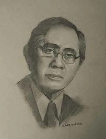 A pencil sketch of a man wearing glasses and a suit with a tie.