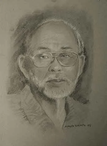 Charcoal drawing of an elderly man with glasses and short hair, wearing a sweater.