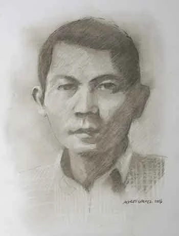 Pencil sketch of a young man with short dark hair, wearing a collared shirt, looking directly at the camera.