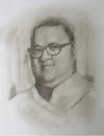 A pencil sketch of a man with glasses and short hair, smiling, wearing a collared shirt.