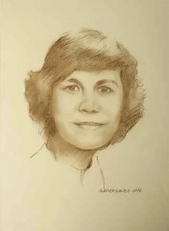 Pencil drawing of a woman with short, wavy hair and a slight smile.