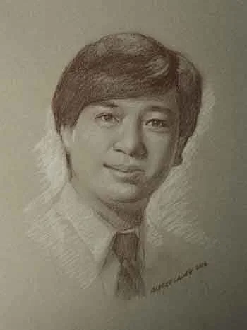A pencil sketch of a woman with short hair, wearing a collared shirt and tie.