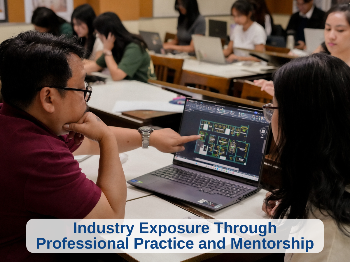 A classroom scene with students working on laptops, while a teacher explains a digital design plan on a laptop screen, emphasizing industry exposure through professional practice and mentorship.