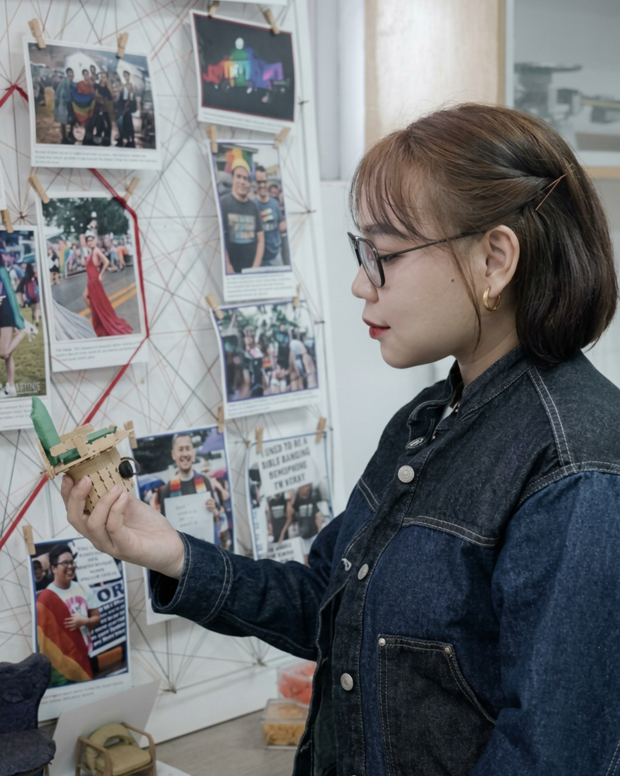 A woman with short brown hair and glasses holding a small green and tan craft object, standing in front of a photo display with various photographs and captions.