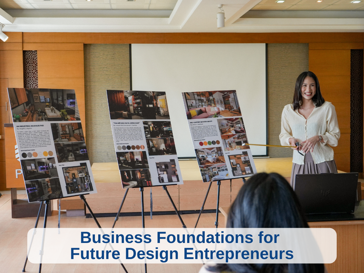 Woman giving a presentation on interior design with three display boards in a conference room.
