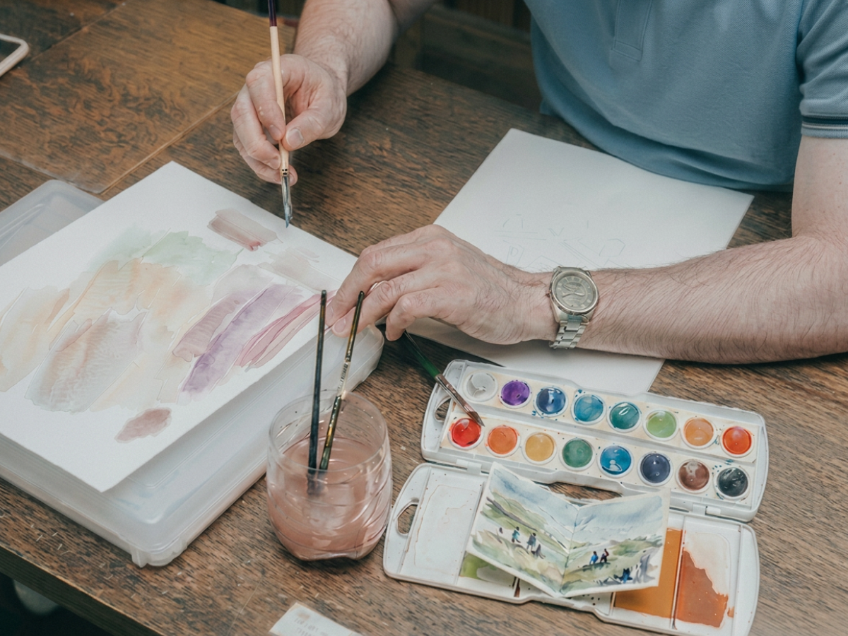 Person painting watercolor landscape on paper, various watercolor paints and brushes on a wooden table.