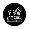 Icon of a graduate wearing a cap, holding a book, with a lightbulb above their head