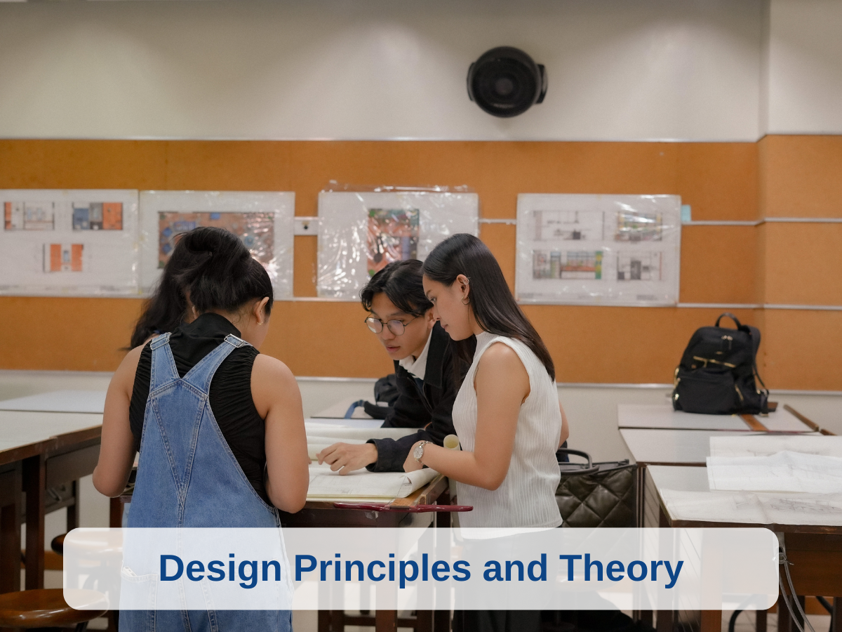 Group of students studying and discussing design plans in classroom