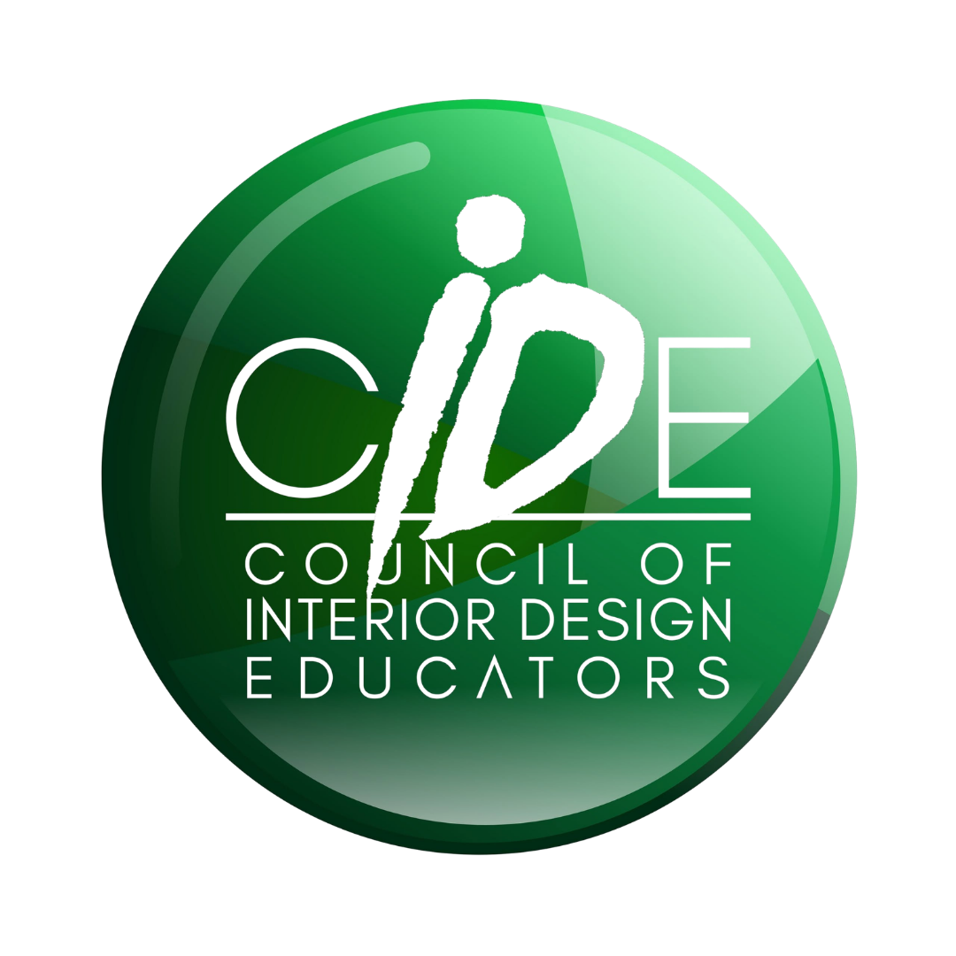Green circular emblem with a stylized 'C' and 'E' logo, text 'COUNCIL OF INTERIOR DESIGN EDUCATORS' inside.