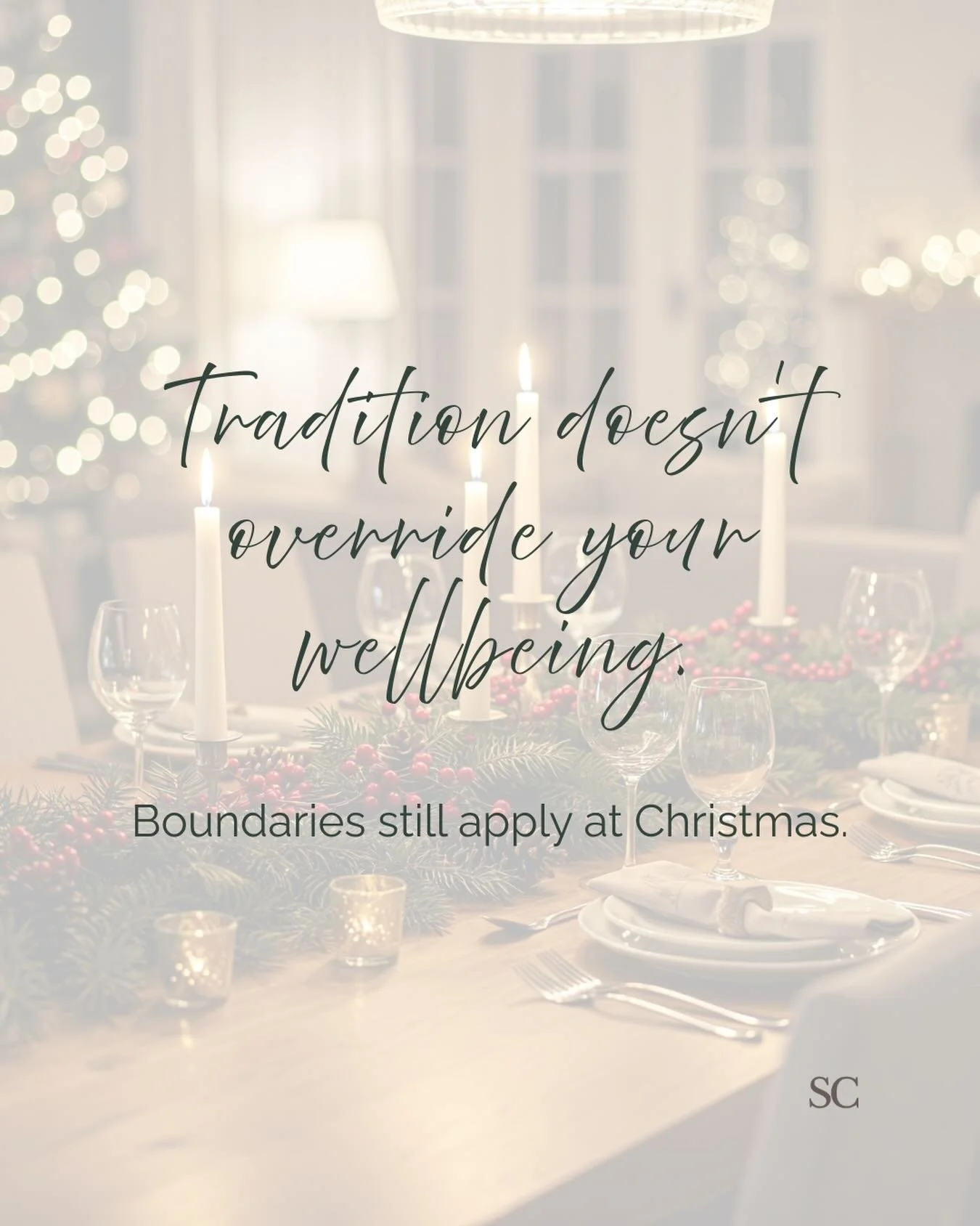 Christmas can bring up a lot - expectations, traditions, old dynamics.
It&rsquo;s okay to honour what feels safe and step back from what doesn&rsquo;t.
Tradition doesn&rsquo;t override your wellbeing. Boundaries still apply, even with family.
You&rsq