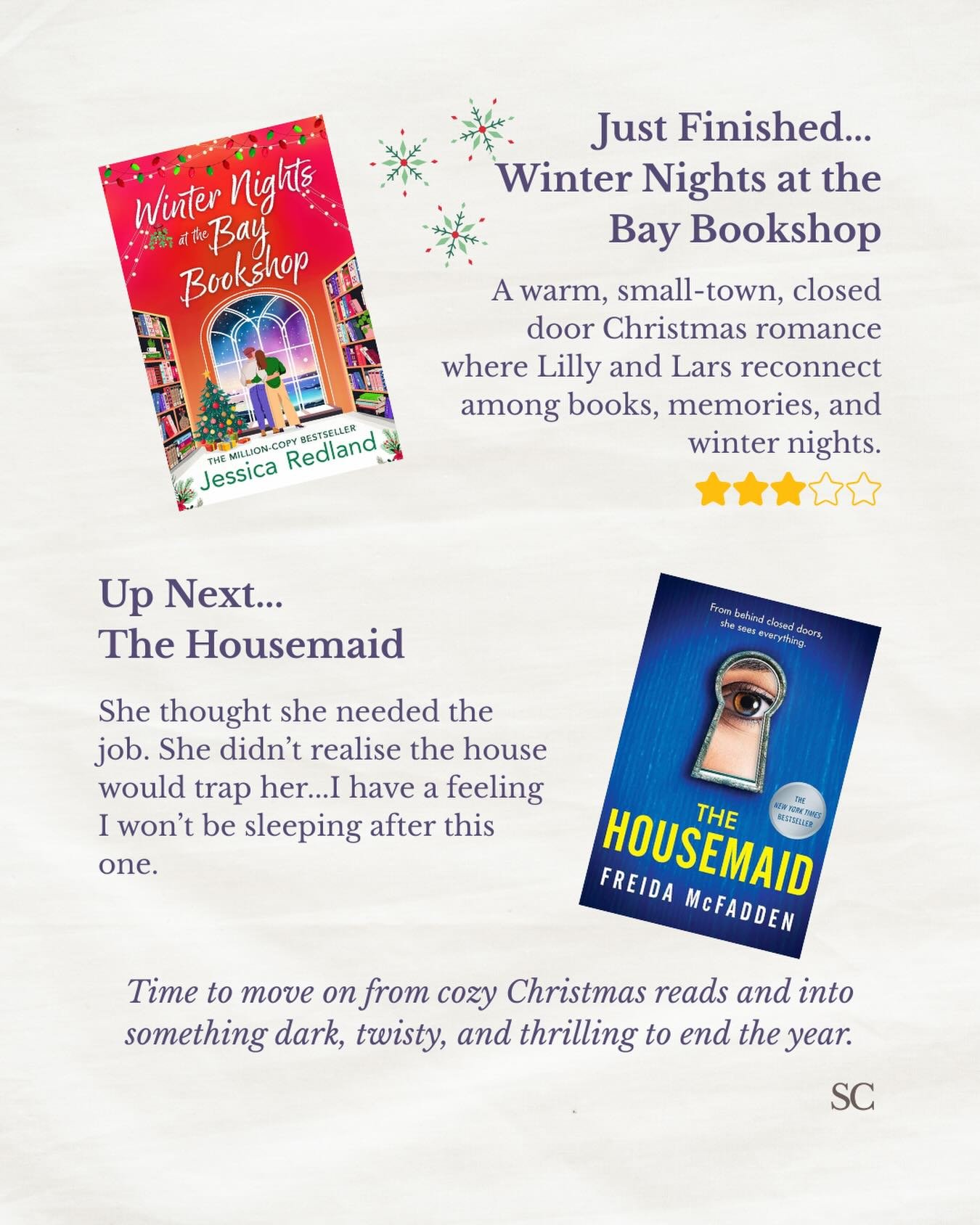 Just finished my festive Christmas reads and now diving into The Housemaid by Freida McFadden - a gripping psychological thriller full of secrets, suspense, and unexpected twists. Perfect for anyone looking for a dark, can&rsquo;t-put-it-down read to