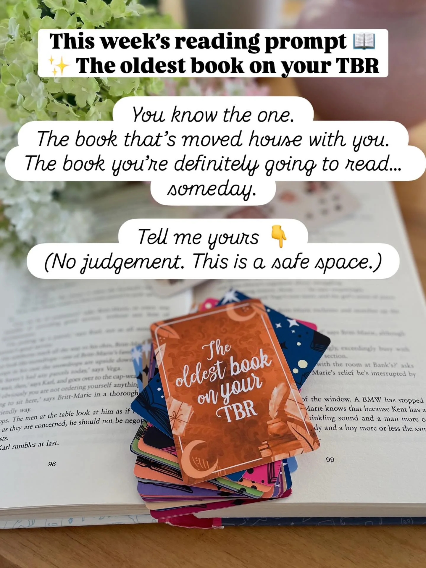 I found a deck of reading prompt cards while cleaning out a cupboard over the weekend and thought &mdash; why not turn it into a gentle weekly ritual?

Each week I&rsquo;ll pull one reading prompt, share my answer from my own bookshelf, and invite yo