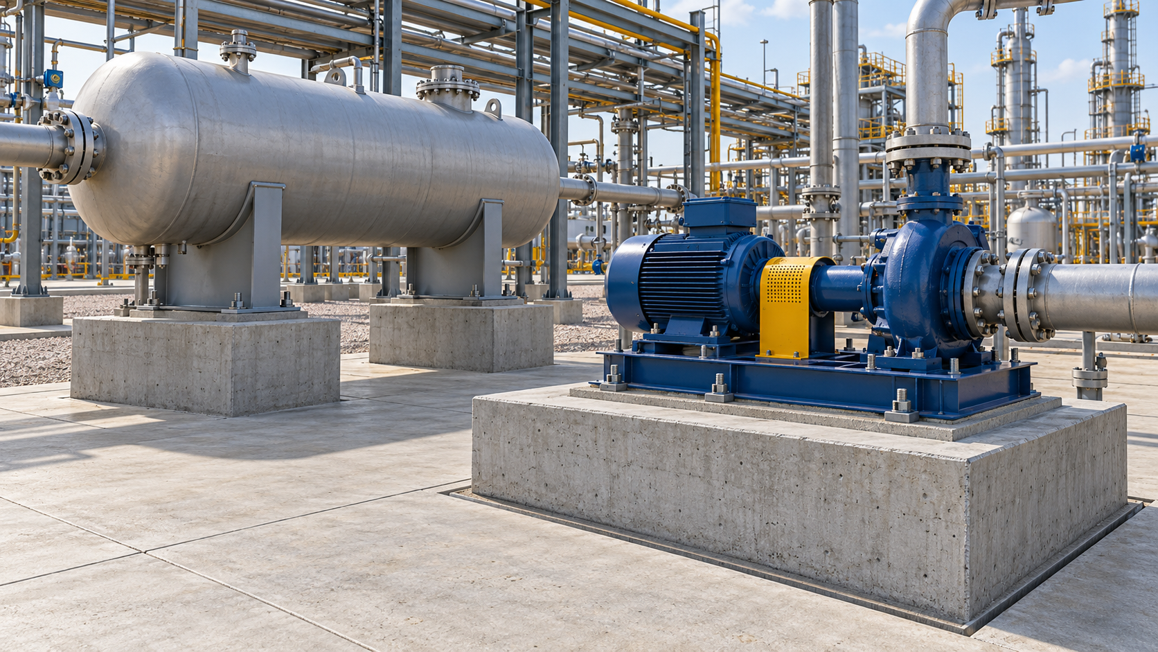 Illustration of oil and gas plant foundations: a static vessel on concrete pedestals and a pump-motor assembly on a separate machinery foundation block.