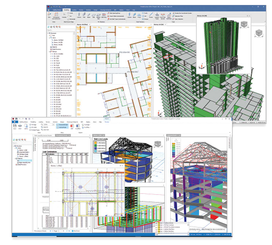 ProtaStructure Suite interface showing reinforced concrete building models and a steel frame structure
