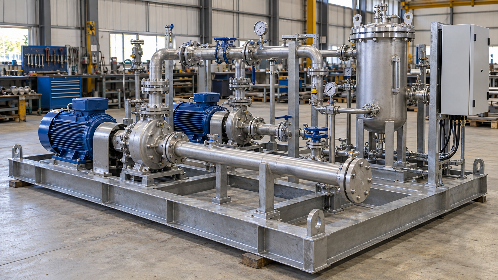 Illustration of a modular oil and gas equipment package with process piping on a structural steel skid.